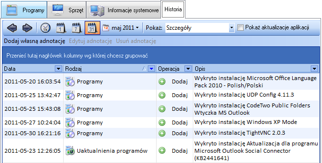 Historia zmian (instalacje/deinstalacje programów) Informacje w