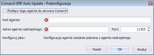 agenta głównego należy pozostawić zaznaczony domyślnie parametr Podłącz tego agenta do serwera Comarch oraz uzupełnić pole Id klienta (dostarczone przez Comarch).