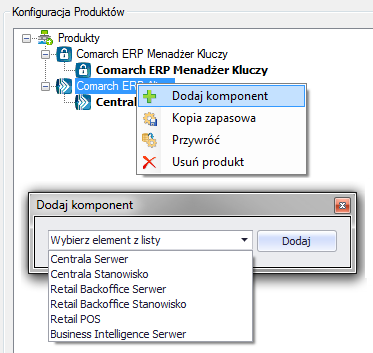 W celu dodania dodatkowego pro;duktu należy kliknąć prawym przyciskiem myszy w gałąź Produkty i wybrać Dodaj produkt. Następnie można wybrać odpowiedni produkt z rozwijanej listy. Rys.