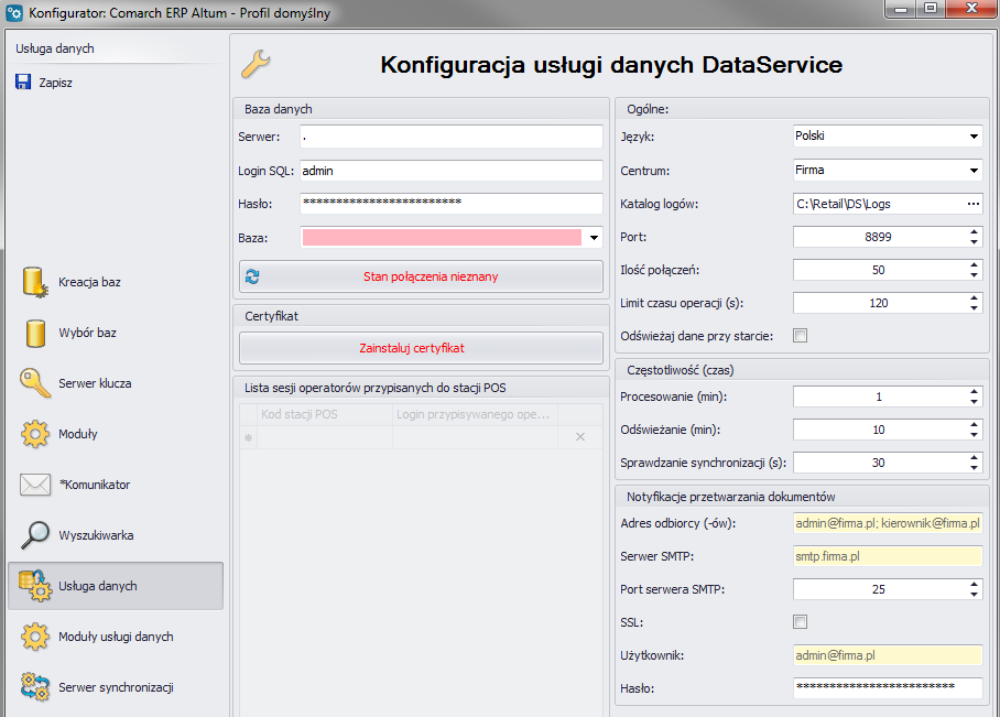 6.4.6. Konfiguracja usługi danych DataService W celu skonfigurowania usługi danych DataService, która odpowiada za transfer danych między bazą konfigurowanego komponentu a stanowiskiem POS, należy