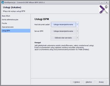 85 Konfiguracja usług BPM W ostatnim kroku konfigurujemy usługi BPM. Umożliwiają one komunikację aplikacji BPM z systemem Comarch ERP Altum.