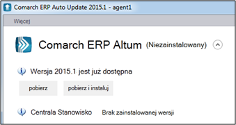 6.7. Konfiguracja Comarch ERP Auto Update dla agenta podrzędnego Po uruchomieniu agenta podrzędnego i zarejestrowaniu go u agenta nadrzędnego pojawią się przyciski akcji pobierania i instalacji. Rys.