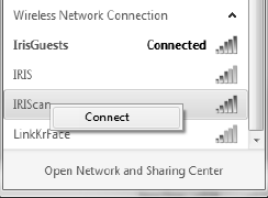 Łączenie się ze skanerem 1. Przejdź do ustawień sieci w swoim komputerze/urządzeniu typu smart i uruchom funkcję Wifi. 2. Wyszukaj sieć IRIScan TM i połącz się z nią. Przykład dla systemu Windows 3.