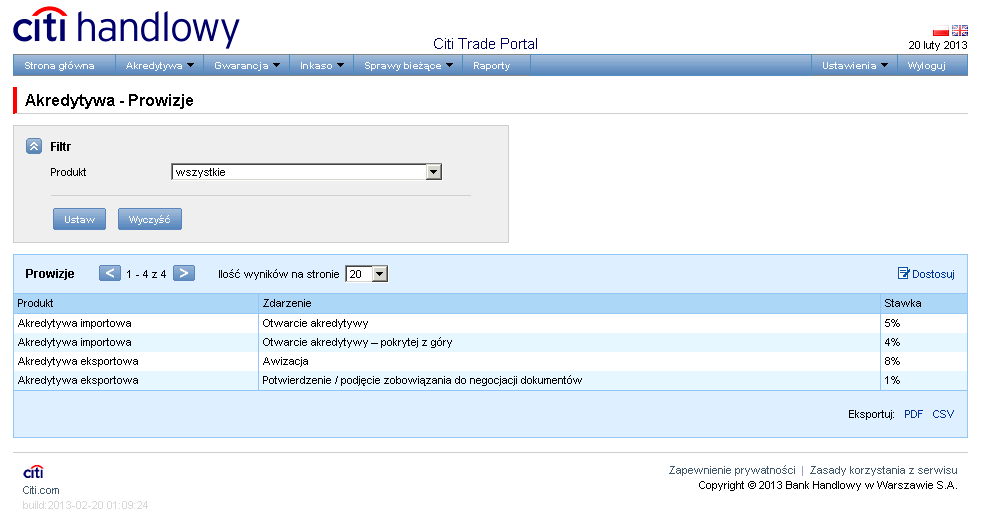 4.6. Parametry 31 Parametry dostępne są w zakładce Akredytywa/Parametry i prezentują zdefiniowane przez Bank wartości cut-off time (czasy