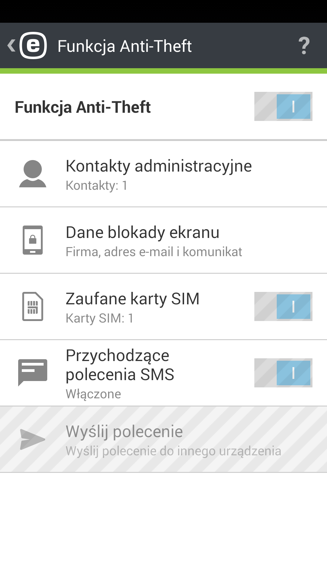 Aby obsługa poleceń SMS przez administratorów niekorzystających z serwera ERA była łatwiejsza, polecenia można uruchamiać przy użyciu programu ESET Endpoint Security zainstalowanego na telefonie