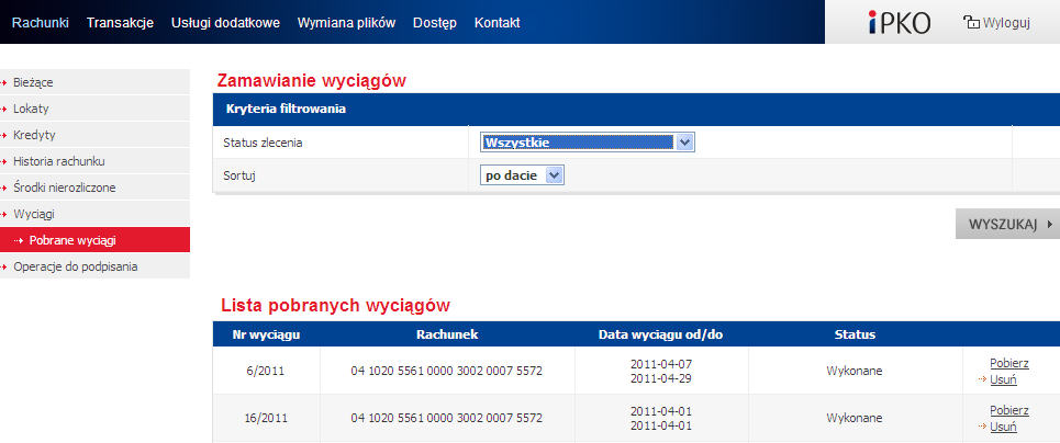 Dodatkowo w podmenu Pobrane wyciągi można filtrować wyciągi po statusie zlecenia,