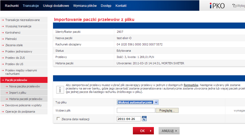 Importowanie transakcji do już istniejącej j paczki Aby dodać nowe transakcje do już istniejącej paczki wybieramy Szczegóły i w liście przelewów wybieramy link Importuj z pliku.