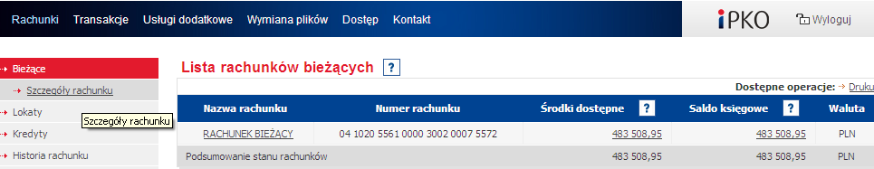 Klikając w kwotę znajdującą się w rubryce Środki dostępne następuje przejście do opcji Środki nierozliczone, zaś w rubryce "Saldo księgowe" do Historii rachunku.