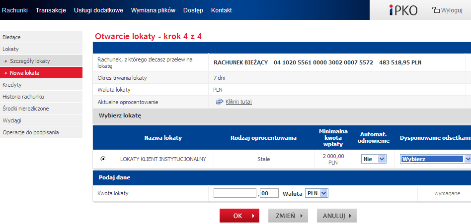 KROK II - Należy określić okres trwania lokaty.