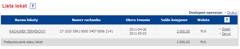 3.5 SZCZEGÓŁY LOKATY/DEPOZYTU TERMINOWEGO Informacje szczegółowe na temat wybranej lokaty, obejmują m.in.