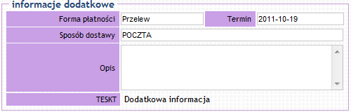Numer oferty Mój numer numer oferty u kontrahenta Stan Data wystawienia Ważna do data ważności Data realizacji Realizacja Rysunek 16.78 Szczegóły oferty, sekcja: Nagłówek oferty.