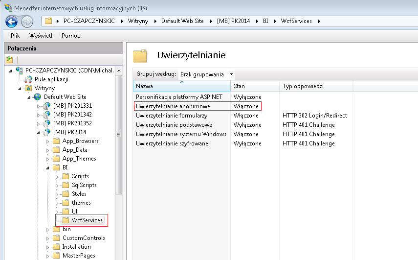 Rysunek 16.135 Menadżer Internetowych usług (IIS), uwierzytalnianie anonimowe. 16.7.