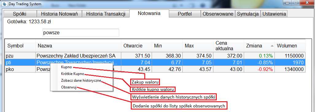 Zobacz dane historyczne użytkownik zostaje przeniesiony do zakładki Historia Notowań, gdzie zostają wyświetlone dane historyczne wybranej spółki. Więcej na ten temat w podrozdziale 4.2.