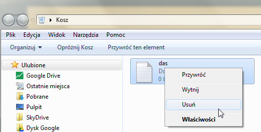 na ikonie kosza i wybierając opróżnij kosz.