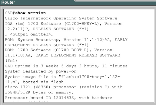 wersja i opis systemu IOS, wersja programu uruchomieniowego w pamięci ROM, wersja programu rozruchowego w pamięci ROM, czas od uruchomienia routera, metoda ostatniego restartu, plik