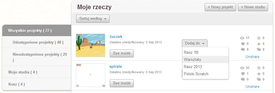 Grupowanie projektów (Studio) W oknie Moje rzeczy znajduje się lista projektów utworzonych przez użytkownika. Może on kliknąć w Nowy projekt przejść do tworzenia projektu.