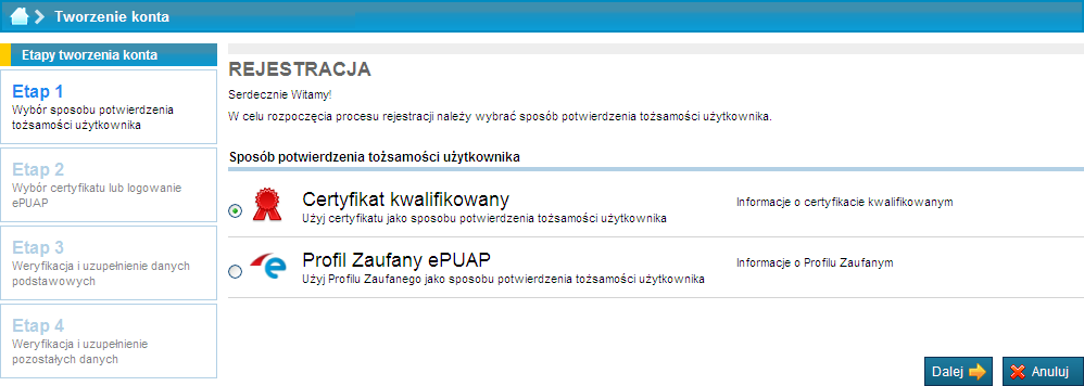 Etap 1 Wybór sposobu dostępu do systemu certyfikat kwalifikowany,