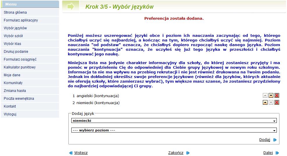 Krok 3/5 Wybór języków W celach informacyjnych dla szkoły możesz wskazad,