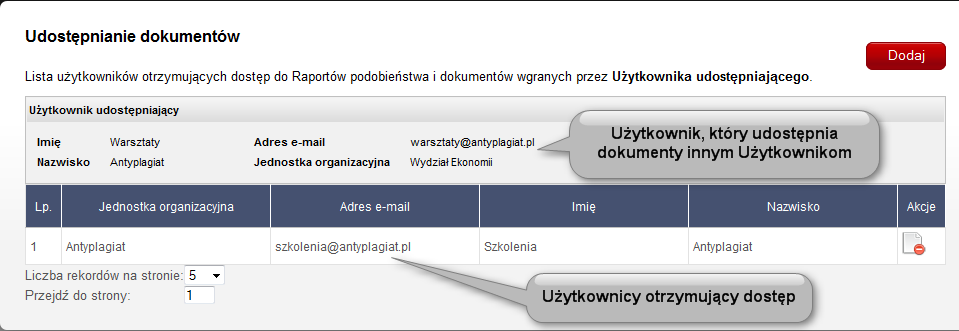 W celu uruchomienia tej opcji należy po wybraniu danego Użytkownika kliknąć na ikonę Dokumenty od lub Dokumenty do.