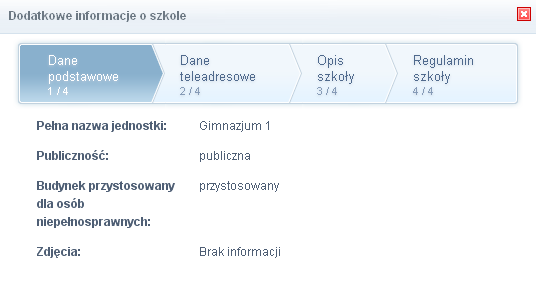 Aby wyświetlić dodatkowe informacje o jednostce należy kliknąć ikonę. W oknie znajdują się następujące informacje: Przed wyborem szkoły należy dokładnie zapoznać się z jej opisem oraz regulaminem.