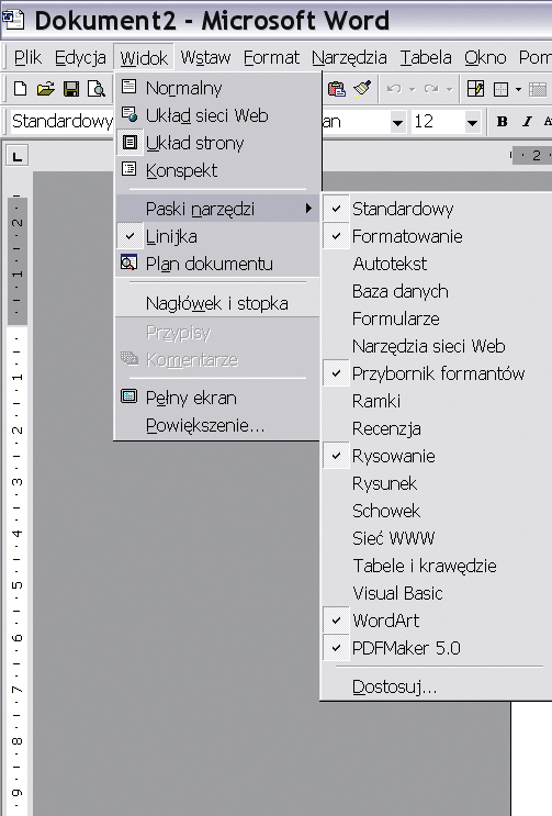 Opis elementów ekranu MS Word: 1) Pasek tytułu. Wyświetla nazwę bieżącego dokumentu i nazwę programu. Umożlliwia przesuwanie okna aplikacji po całym ekranie. 2) Pasek menu.