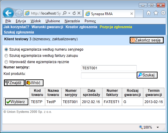 6.3 Wyszukiwanie egzemplarza w bazie numerów seryjnych Po zalogowaniu i wejściu do kreatora zgłoszenia, widoczne są dane klienta i przycisk dodawania pozycji zgłoszeń towarów: Edycja klienta