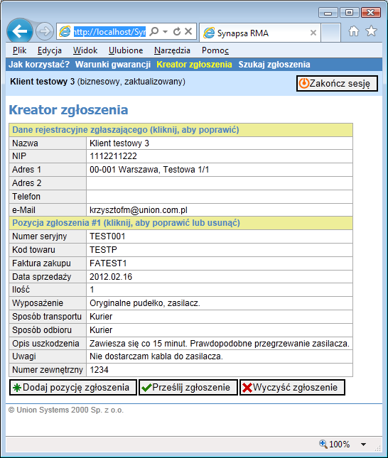 6.4 Wprowadzanie pozostałych danych do formularza zgłoszenia Przycisk Wybierz (widoczny również przy opcji z ręcznym wypełnianiem danych) otworzy okno edycji usterki.