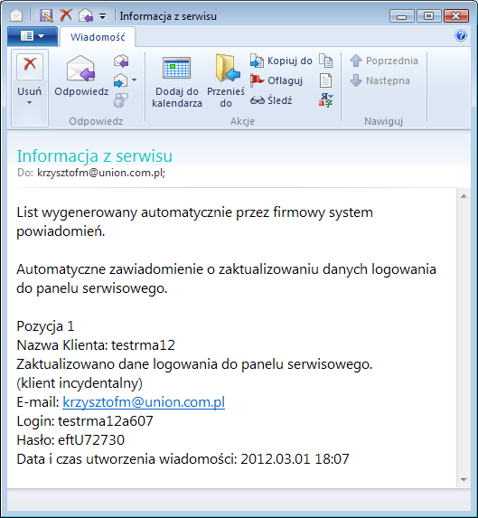 5.5 Weryfikacja klienta, potwierdzenie i wysłanie koszyka zgłoszeń Moduł powiadomień mailowych wyśle wiadomość do klienta z loginem i hasłem: Email