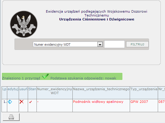 Następnie wyszukać urządzenie które chcemy usunąć. Z kolumny usuń klikamy ikonę krzyżyka.