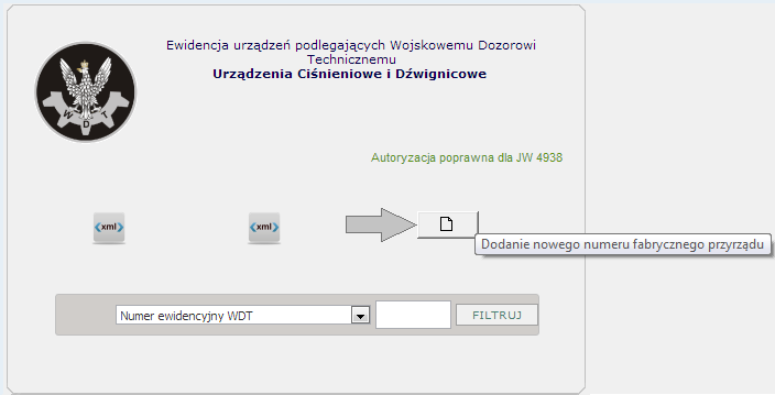 Wprowadzanie nowych urządzeń Dozoru Technicznego Wybór ikony wprowadzania nowego