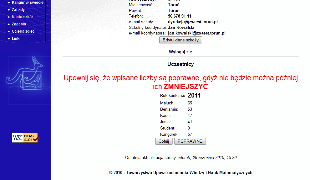 8. Aby dodad uczestników konkursu, należy wpisad liczby osób, które startują w odpowiednich kategoriach, po czym nacisnąd przycisk Dodaj uczestników.