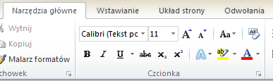 wstążki z funkcjami i opcjami formatowania tekstu obszar roboczy Podstawowe formatowanie tekstu regulacja powiększenia krój czcionki rozmiar czcionki kolor czcionki efekty czcionki Tworzenie listy