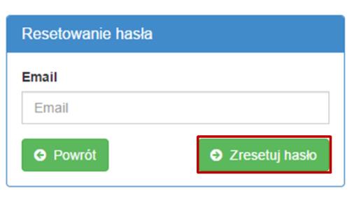 Po wprowadzeniu adresu email należy wybrać Zresetuj hasło. Na podany adres email zostanie wysłany link resetujący hasło.