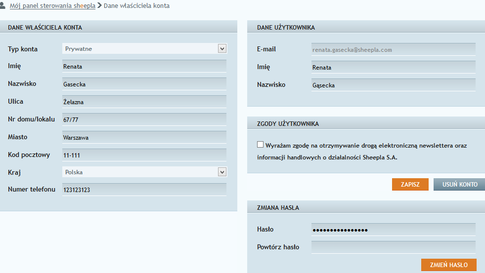 4. Edycja konta Sheepla 4.1 Dane konta Zakładka Dane konta daje użytkownikowi możliwość edycji danych przypisanych do konta Sheepla. W zakładce można zmienić wszystkie dane poza adresem e-mail.
