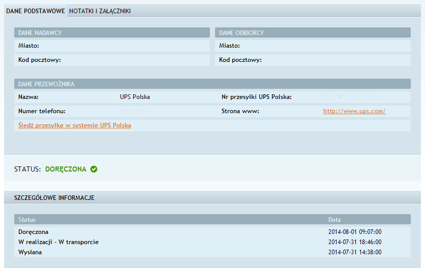 Po kliknięciu w link znajdujący się w e-mailu, klient jest przekierowany do strony zawierającej szczegóły przesyłki. Rys.