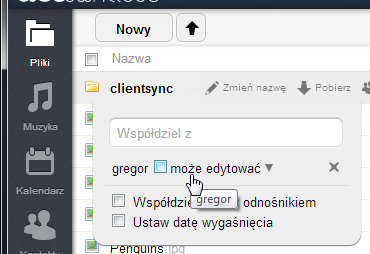 4. Udostępnianie Aby udostępnić dowolny plik lub folder wystarczy kliknąć w przycisk Udostępnij W polu udostępnienia możesz podać dowolnego użytkownika lub całą grupę GIGANET, aby udostępnić plik