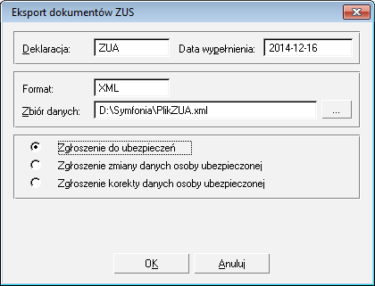 Podręcznik użytkownika Sage Symfonia Start Mała Księgowość 81 Rys. 115 Dialog Eksport danych. Na liście należy wybrać pozycję Eksport dokumentów ZUS, a następnie przycisk Wykonaj.