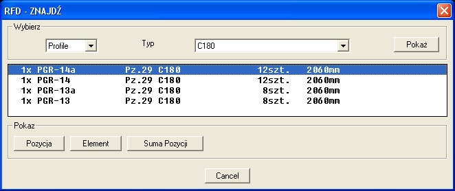 AutoCAD. Konstrukcje Budowlane Przycisk ZNAJDZ otwiera okno dialogowe służące do wyszukiwania w bazie danych wybranych typów pozycji. Rysunek : Okno wyszukiwania.