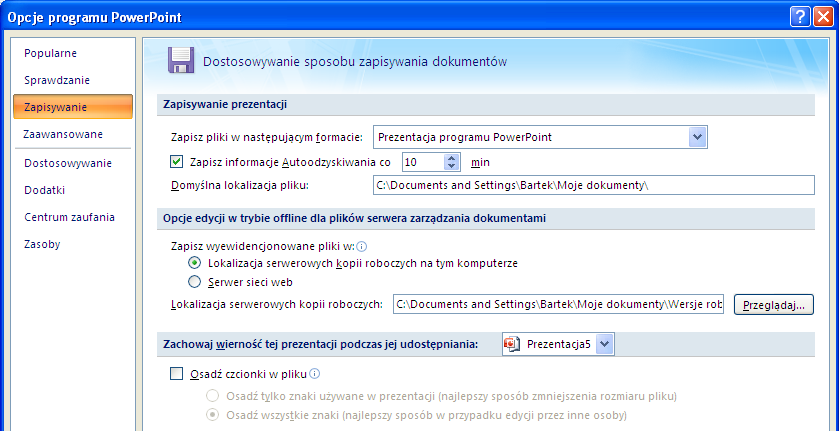 Kolejnym parametrem do ustawienia jest folder, w którym domyślnie Power Point zapisuje tworzone prezentacje.