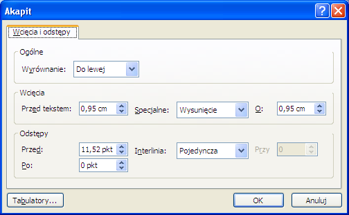 ze zbioru opcji Akapit z karty Narzędzia główne.