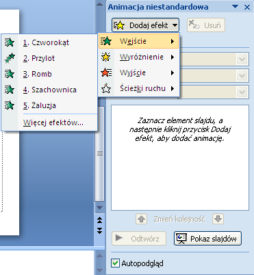 przy kliknięciu myszką (domyślna) Automatycznie po (ustawiamy czas, po którym slajd przełączy się automatycznie ma to zastosowanie np.