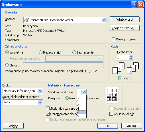 Materiały informacyjne na jednej kartce papieru możemy wydrukować klika slajdów, określając dokładnie ich liczbę przy pomocy listy wyboru Slajdów na stronę pozwala to określonych przypadkach