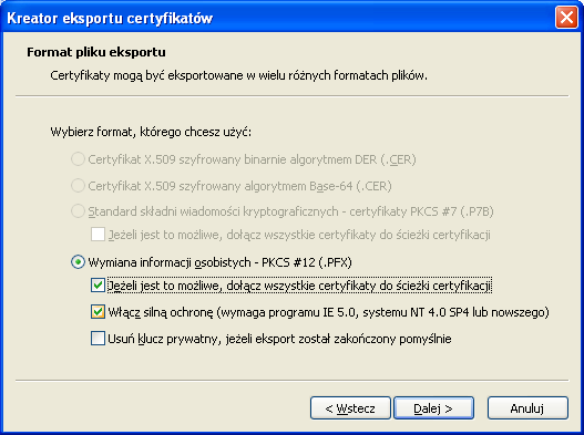 8. W kolejnym oknie zaznacz opcję: Tak, eksportuj klucz prywatny. RYS. 20 9.