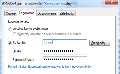 4. Po zainstalowaniu usługi musimy ustalić z jakiego konta będzie się ta usługa uruchamiała.