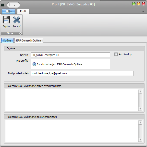 7. Zakładka Profile synchronizacji służy do konfiguracji. Określamy co i na jakich bazach Optima ma być synchronizowane.