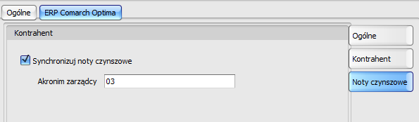 W zakładce ERP Comarch Optima konfigurujemy import do Optima Zakładka Kontrahent Zakładka Noty czynszowe Kontrahenci w Czynszach są nazywani