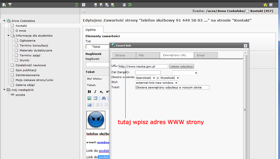 zewnętrznej czyli np. do strony MNiSW robimy korzystając z trzeciej zakładki: Zewnętrzny URL. Najpierw musimy oczywiście zaznaczyć jaki wyraz czy zdanie ma być linkiem.