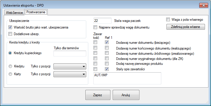 FID zwany też numkat bądź MasterFID login login do usługi Web Service DPD Hasło hasło do usługi Web Service DPD Szablon usług tutaj można zaznaczyć usługi które mają być dodawane do każdego listu