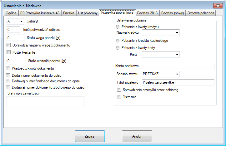 Poszczególne opcje oznaczają: Gabaryty gabaryt, który będzie ustawiany dla każdej przygotowywanej przesyłki (A / B) Ilość potwierdzeń odbioru - określenie usługi komplementarnej Stała waga paczki