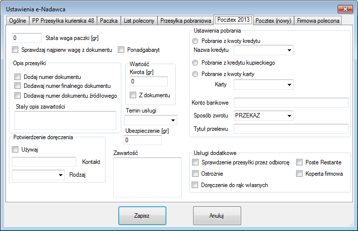 Poszczególne pola oznaczają: Stała waga paczki [gr] po wprowadzeniu wartości większej od 0 (w gramach) dla każdej przesyłki będzie wstawiania stała waga.